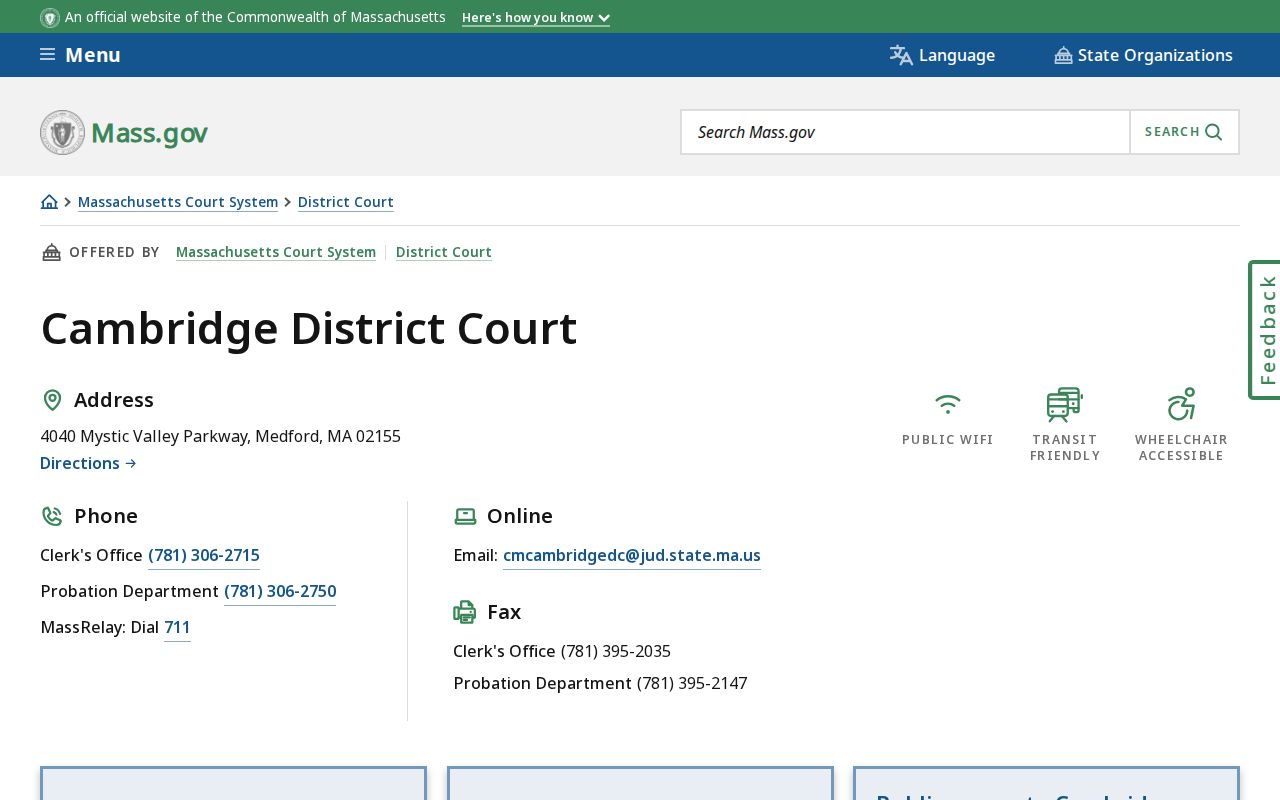 Cambridge District Court division location in Medford serving Cambridge warrant cases