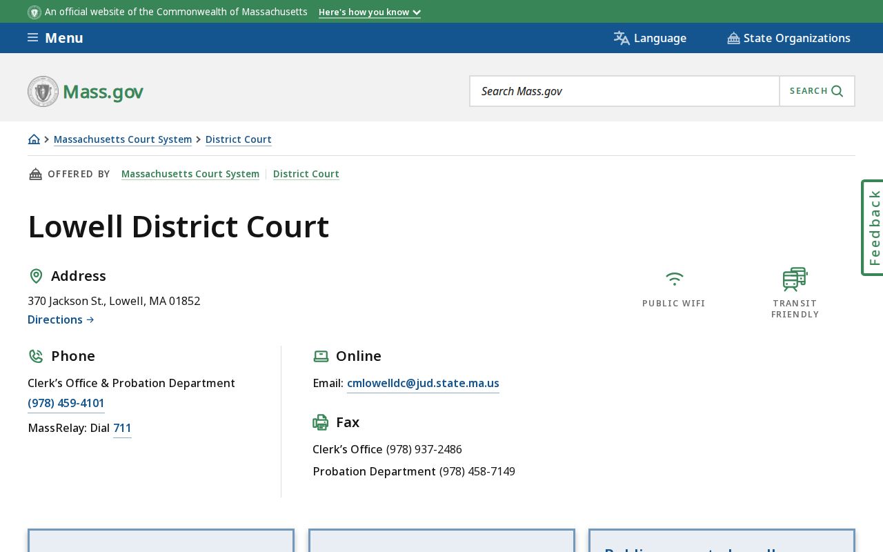 Lowell District Court page listing adult specialty courts for Middlesex County bench warrants