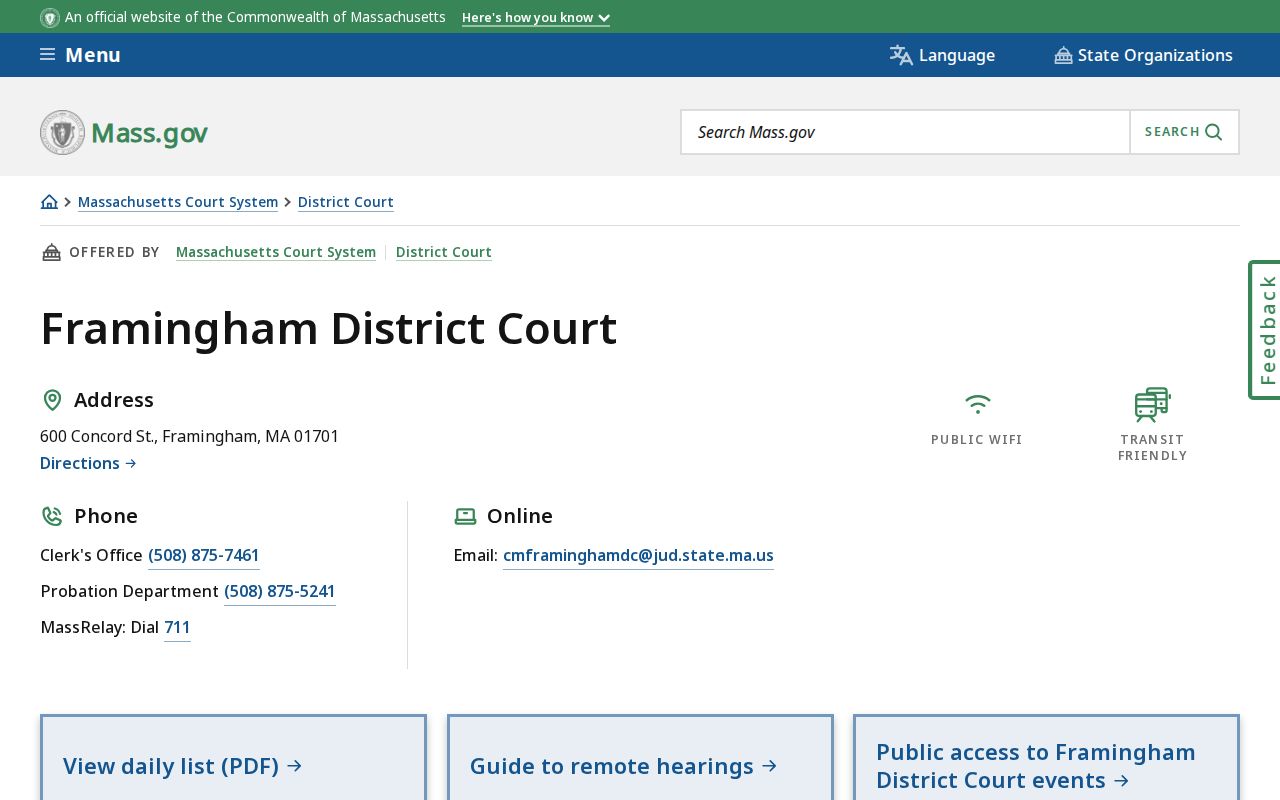 Framingham District Court access and contact block for Framingham warrant record questions