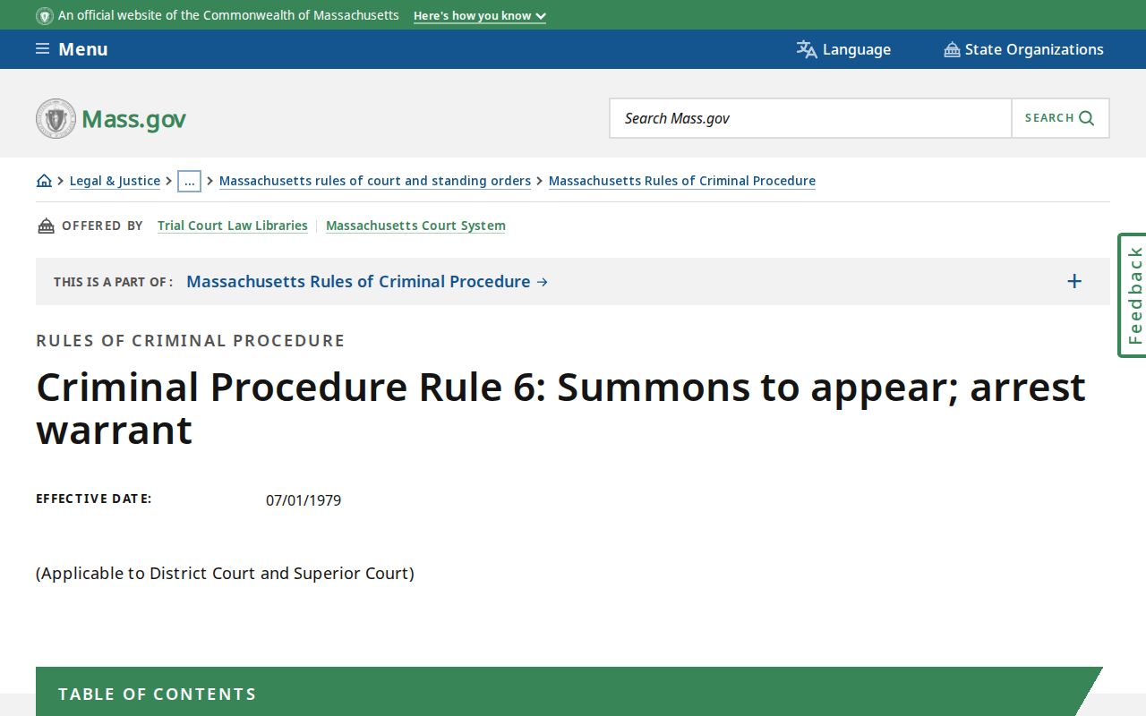Massachusetts Rule 6 text on arrest warrant issuance for Middlesex County cases