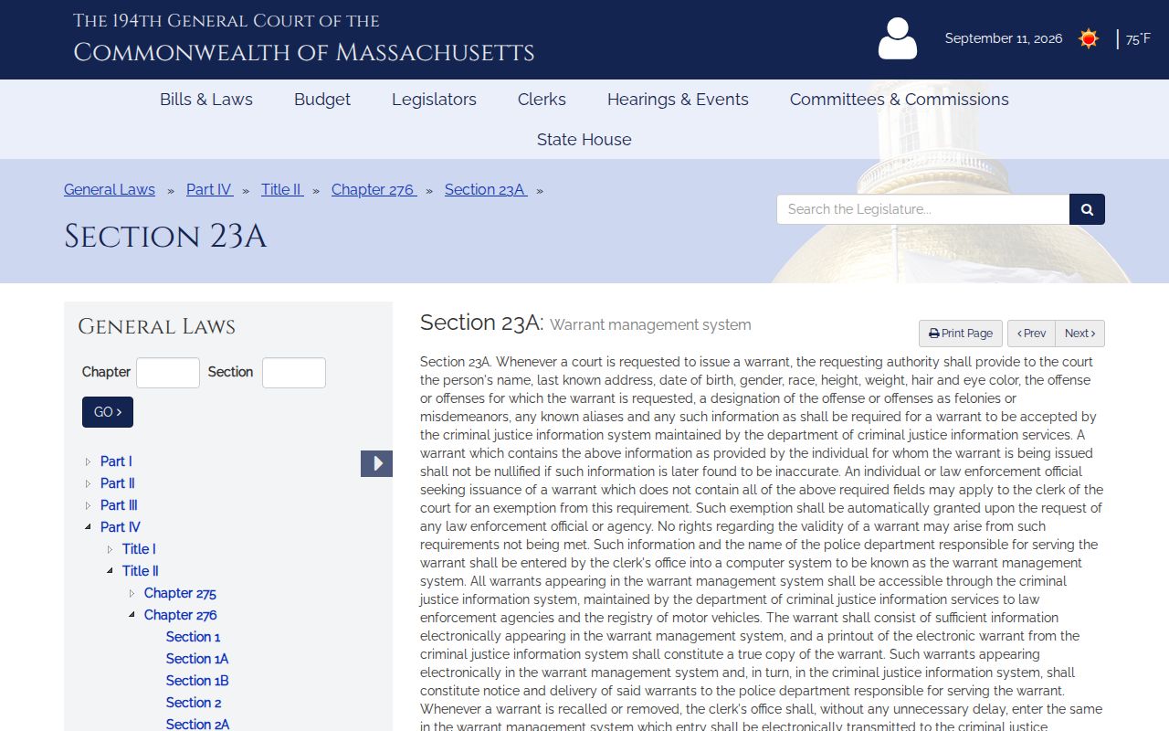 Massachusetts statute limiting public access to Middlesex County active warrant data