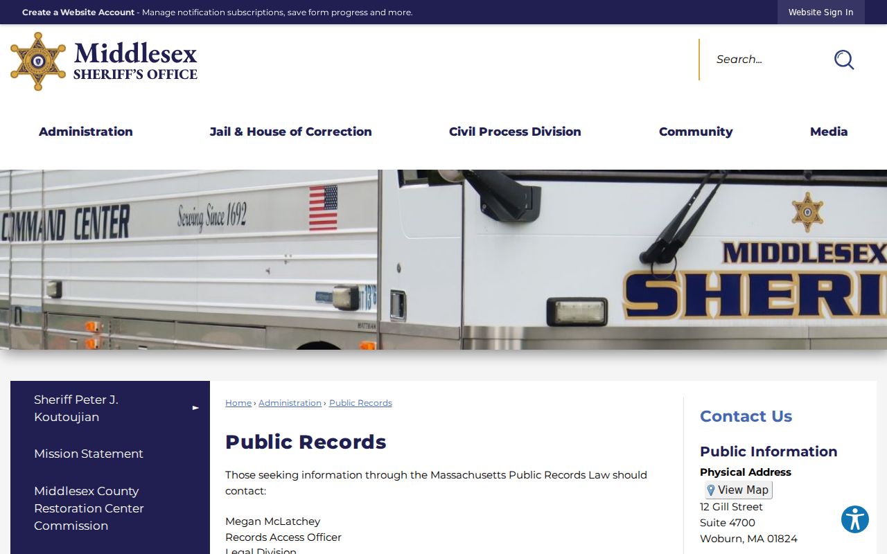Middlesex County sheriff public records request page for warrant record questions