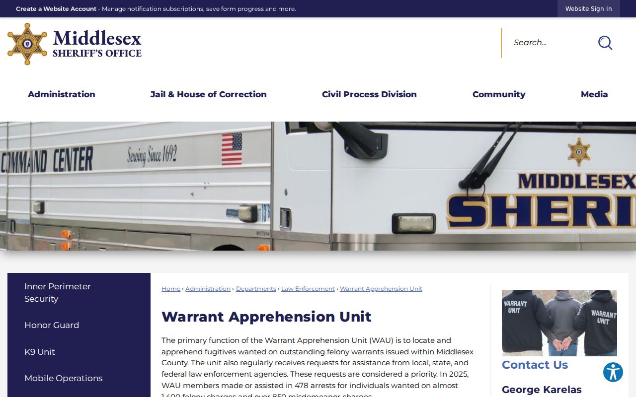 Middlesex County sheriff warrant apprehension unit page on active warrant enforcement