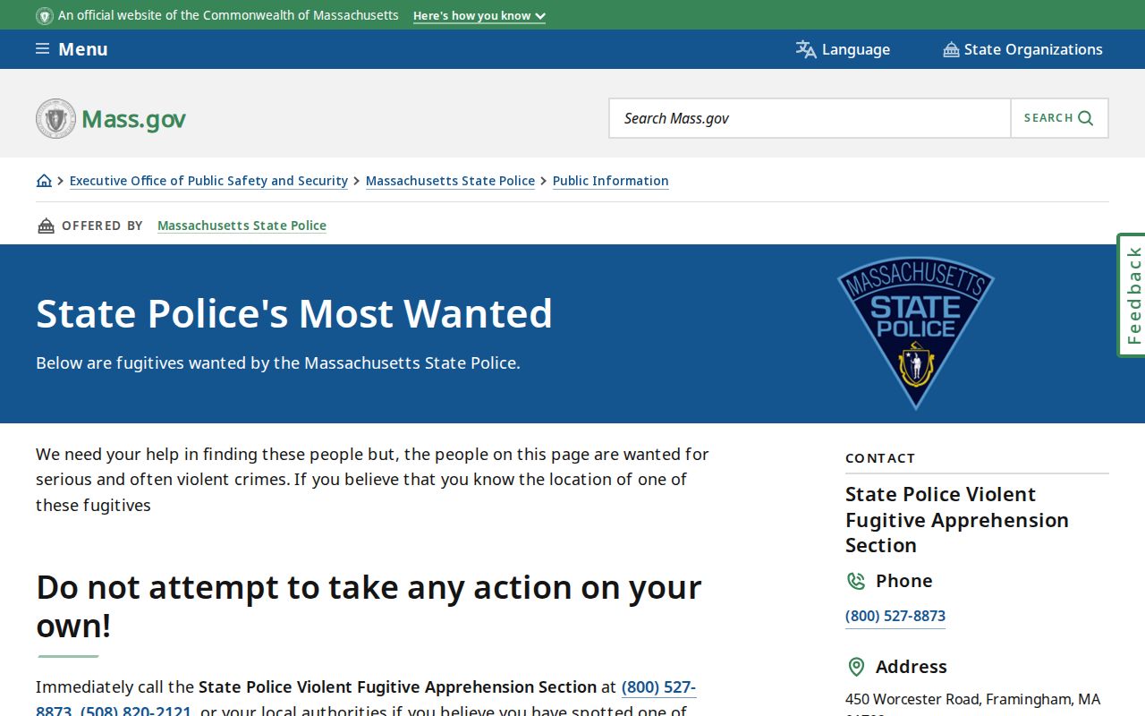 Massachusetts State Police Most Wanted program page with tip lines for Middlesex County information