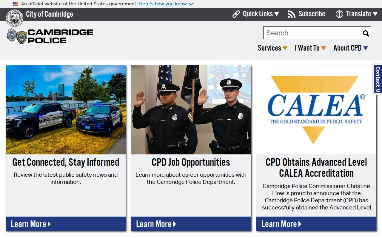 Cambridge Police contact and service hours page for Cambridge warrant record questions