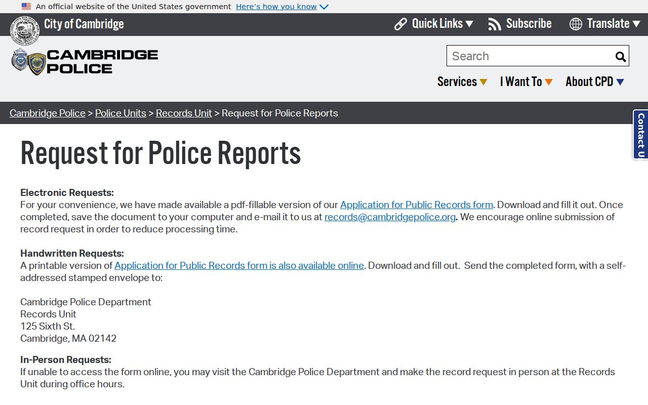Cambridge police record request options kept separate from Cambridge warrant record status