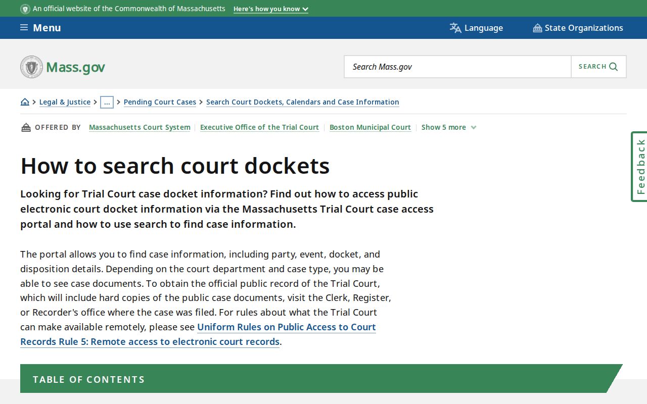 Massachusetts docket instructions for Middlesex County warrant search fields